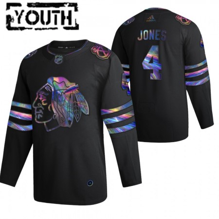 Camisola Chicago Blackhawks Seth Jones 4 2021-22 Preto holográfico iridescente Authentic - Criança